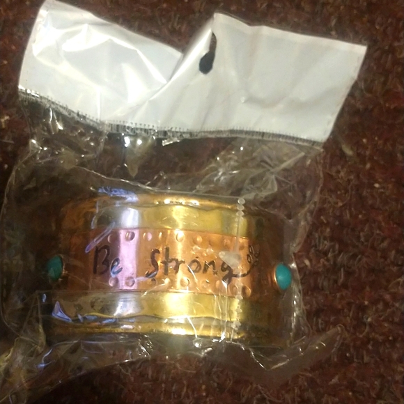 ICON Oversized Cuff Bracelet Metallic tooled metals w/ beaded accents BE STRONG! - Picture 9 of 9